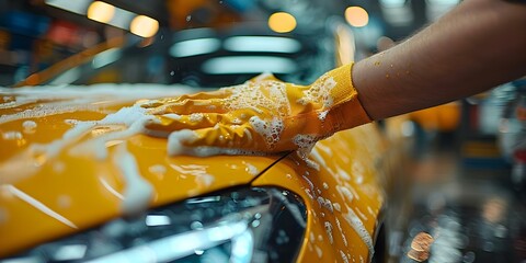 A persons hand wiping down a cars surface with a cloth providing cleaning and care services. Concept Car detailing, Automotive maintenance, Cleaning service, Hand washing, Vehicle care - obrazy, fototapety, plakaty