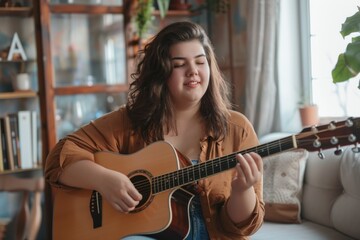 Plus-size young woman enjoying playing guitar in a cozy room.