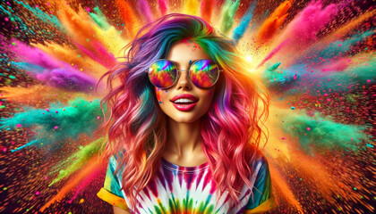 woman with sunglasses, in a colorful powder explosion, generative ai - obrazy, fototapety, plakaty