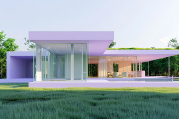 A contemporary house painted in a soft lavender hue, featuring expansive glass walls, surrounded by...