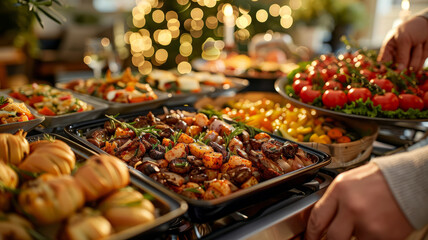 Assorted dishes at a buffet with warm lighting.