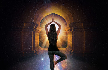 woman meditating front the universe	