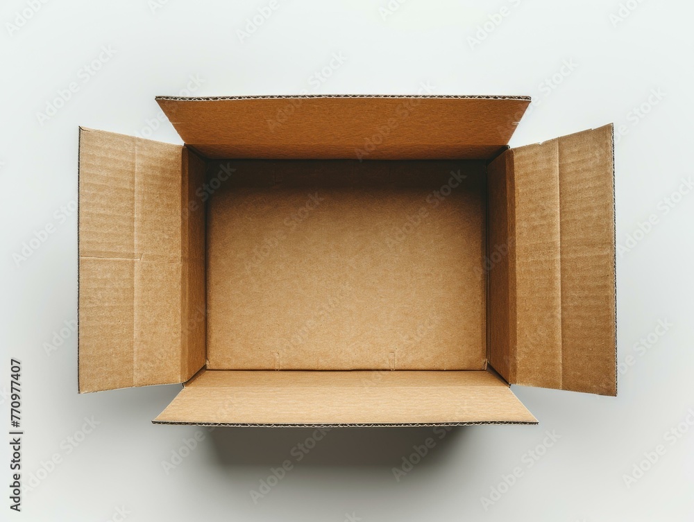 Poster an open cardboard box on a white surface. generative ai.