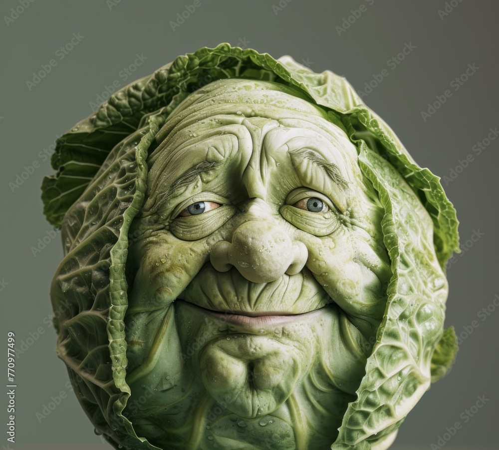 Poster a close up of a cabbage head with a smile. generative ai.
