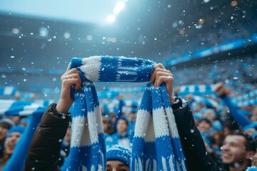 A person holding up a scarf in a stadium. Generative AI.