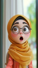 A cartoon muslim girl wearing glasses and a hijab. Generative AI.