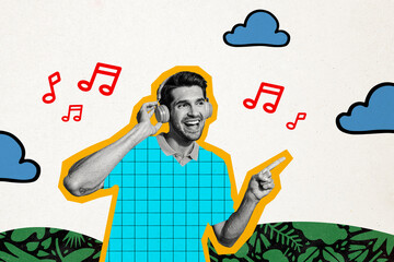 Collage artwork picture of cheerful glad man having fun listening music modern device isolated on...