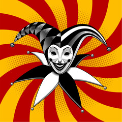 Head of Joker of playing cards in black and white vintage engraving and comic style on yellow and red swirl background. Vector illustration