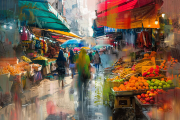 A busy market with people walking around and shopping - obrazy, fototapety, plakaty