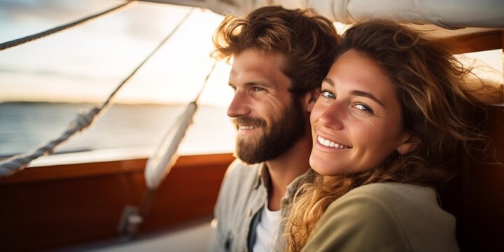 Happy couple relaxing on a yacht. Young and beautiful people on a sailing boat. Generative AI.