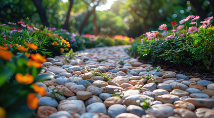 Beautiful stones and flowers in a garden. Created with Ai