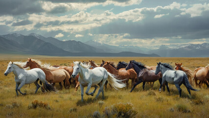 Obraz premium Majestic Horses Charging in Dusty Elegance Oil Painting Digital Art Acryl and Oil Wallpaper Background