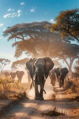 Elephant herd walking through savannah