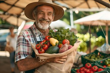 Elderly man with bag of vegetables. Farmers market and agriculture industry concept. Healthy organic food. Design for banner, poster