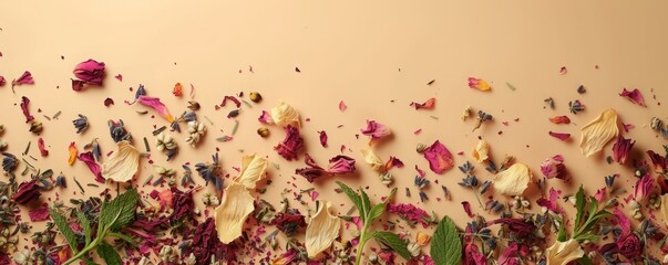 leaves dry flowers of herbal tea background.