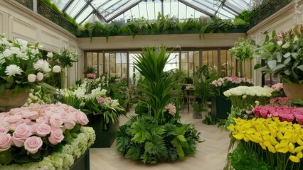 Wide angle view of Flower shop interior with variety of flowers and plants