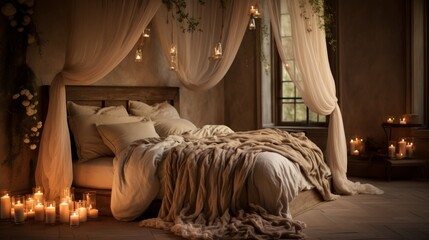 Fototapeta na wymiar Ethereal Romance Candlelit Bedroom Haven