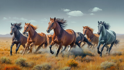 Obraz premium Majestic Horses Charging in Dusty Elegance Oil Painting Digital Art Acryl and Oil Wallpaper Background