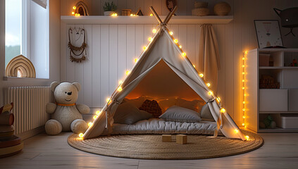 Photo of A child's tent with fairy lights in the corner, and stuffed animals on top inside an empty nursery room. Created with Ai