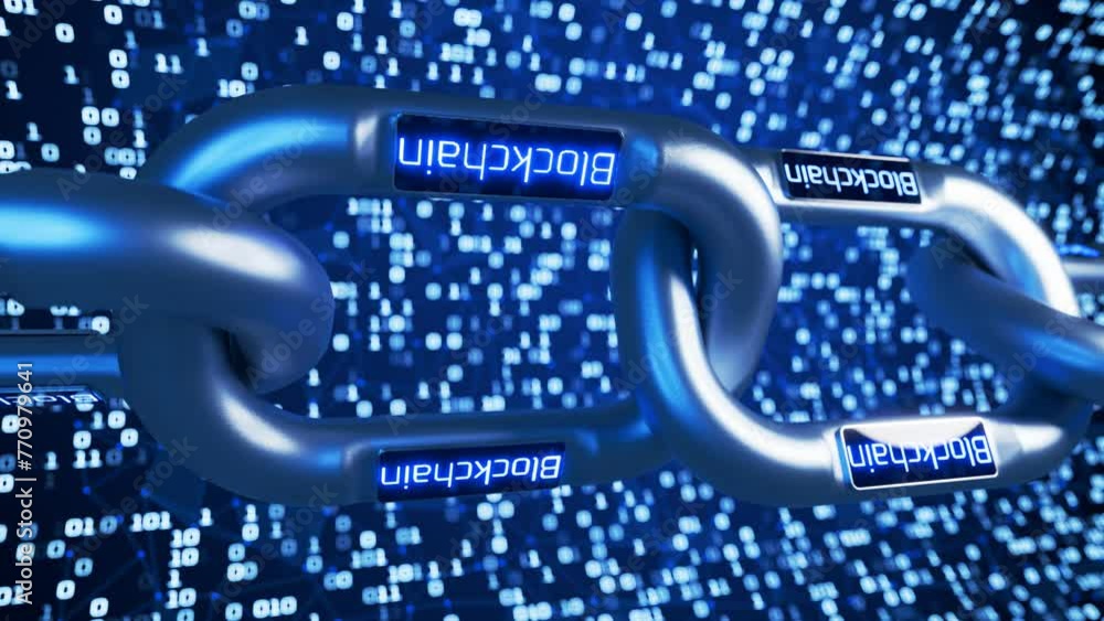 Poster metal chain with the inscription blockchain. blockchain technology concept. changing the blockchain 