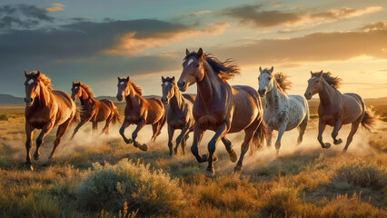 Majestic  Horses Charging in Dusty Elegance Oil Painting Digital Art Acryl and Oil Wallpaper Background - obrazy, fototapety, plakaty
