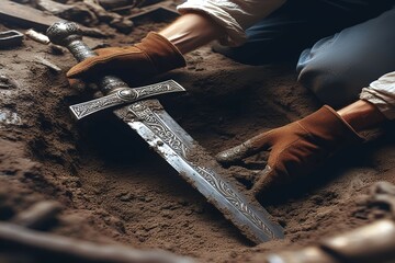 Archäologische Ausgrabung eines kostbaren antiken Schwert