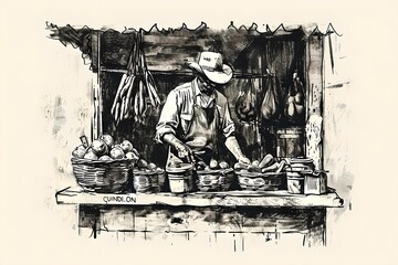 Vendor at a rustic vegetable stand. Farmers market and agriculture industry concept. Healthy organic food. Vintage monochrome illustration for design and print