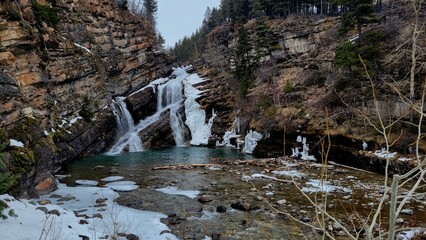 Cameron Falls at Waterton Lake National Park in the winter