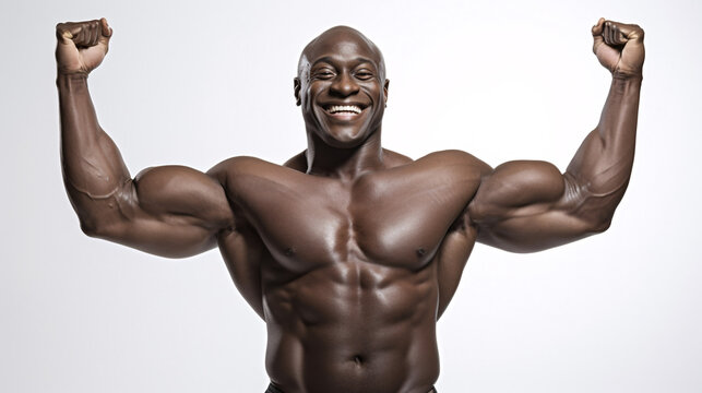 Handsome muscular black man flexing his muscles over white background