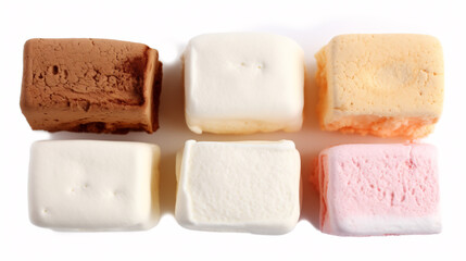 Assorted marshmallows isolated on white background. Top view.