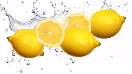 Fresh lemons with water splash isolated on white background. Close up.