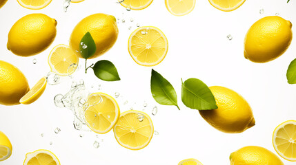 Fresh lemon slices falling into water with green leaves on white background.