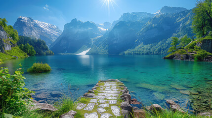 Beautiful lake with turquoise water, surrounded by mountains and greenery, a stone path leading to the shore, a clear blue sky with sun rays shining through clouds. Created with Ai - obrazy, fototapety, plakaty