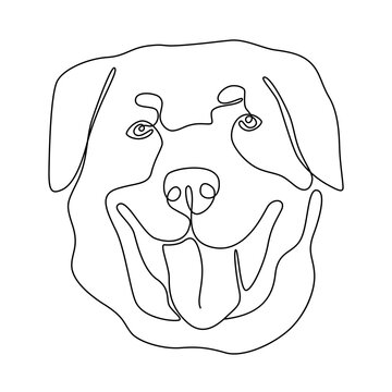 One continuous line drawing rottweiler vector Image. Single line minimal style dog breed portrait. Cute puppy black linear sketch isolated on white background. Graphic drawing.