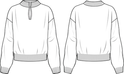 Women's Mock Neck, Slot Neck Jumper. Technical fashion illustration. Front and back, white color. Women's CAD mock-up.