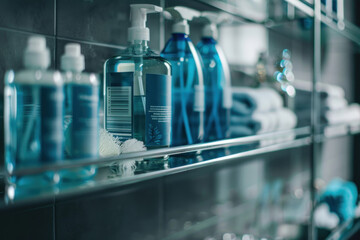 Bathroom shelf with various blue toiletry bottles and cleaning brushes.