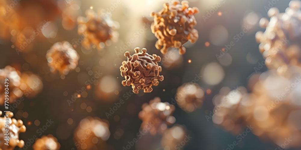 Poster utilizing the immune system: microscopic view of floating viruses in immunotherapy against cancer. c