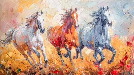 Poster Majestic  Horses Charging in Dusty Elegance Oil Painting Digital Art Acryl and Oil Wallpaper Background © Korea Saii