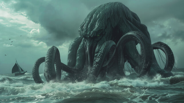 Cthulhu in the ocean with a ship