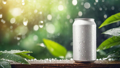 White aluminum can mockup with drops. Drink package. Refreshing beverage. Bokeh on backdrop - obrazy, fototapety, plakaty