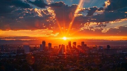 Golden Horizon Sunrise Over Urban Majesty - obrazy, fototapety, plakaty