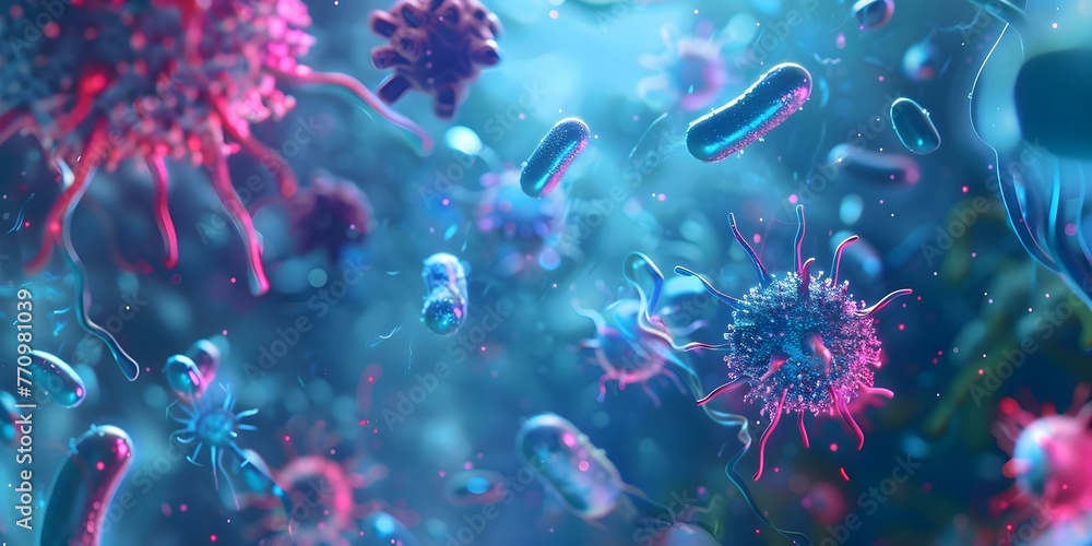 Aufkleber microscopic view of bacteria and viruses circulating in human bodys internal systems. concept micros