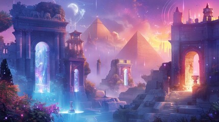 Mystical Ancient Ruins and Pyramids Under Celestial Sky
