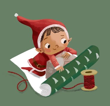 Santas elves wrapping the present gifts