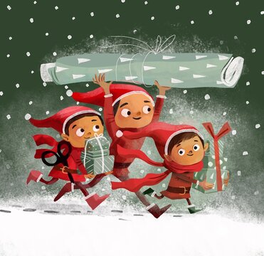 Santas elves wrapping the present gifts