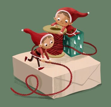 Santas elves wrapping the present gifts