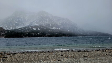 Howling wind at Waterton lake National Park in the winter