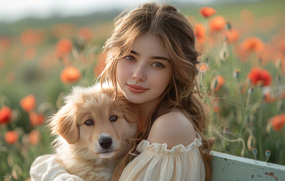 Young woman adores puppy amidst scenic landscape.generative ai