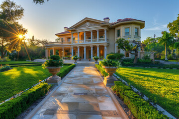 Lavish home with a perfectly groomed yard and a decorative walkway leading to a regal front porch, under the afternoon sun. - obrazy, fototapety, plakaty