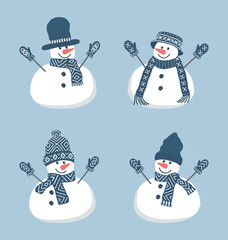 Cute snowmen. Set. Four different snowmen in beautiful blue winter clothes. Template for a greeting card. Vector illustration